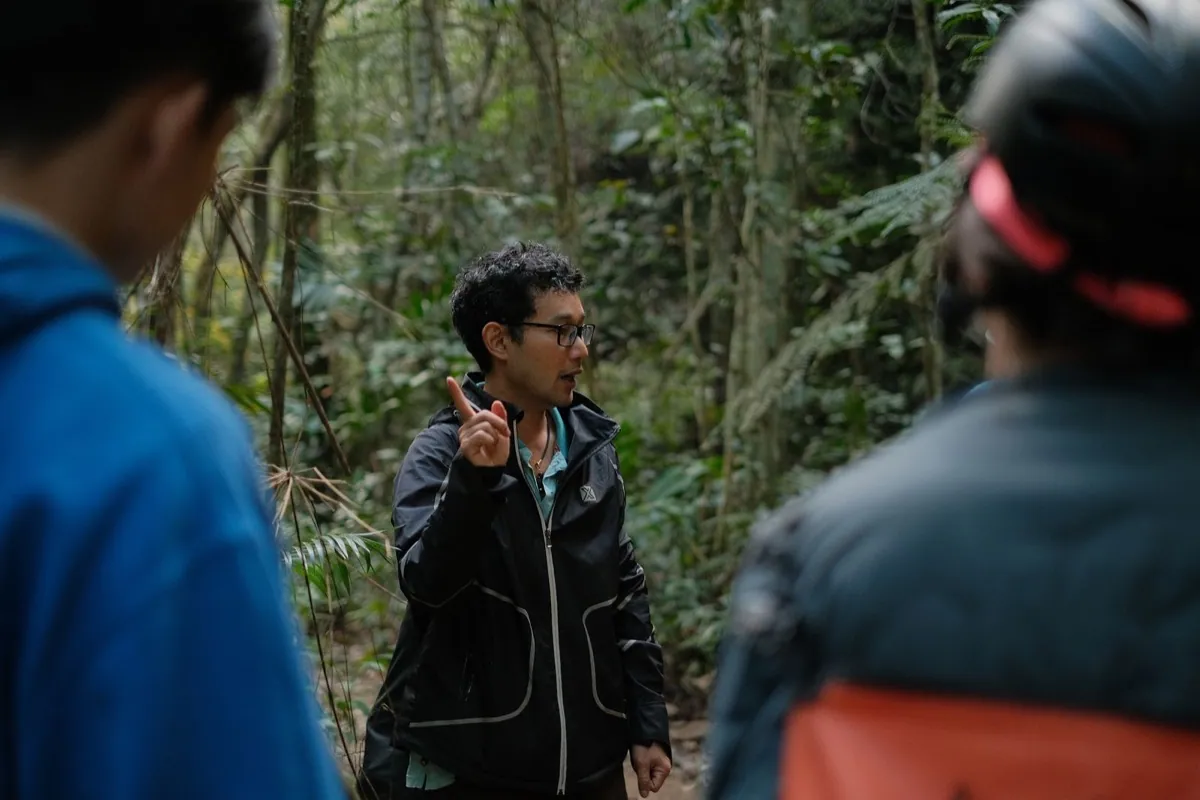 A local nature guide leads a small group through dense forest