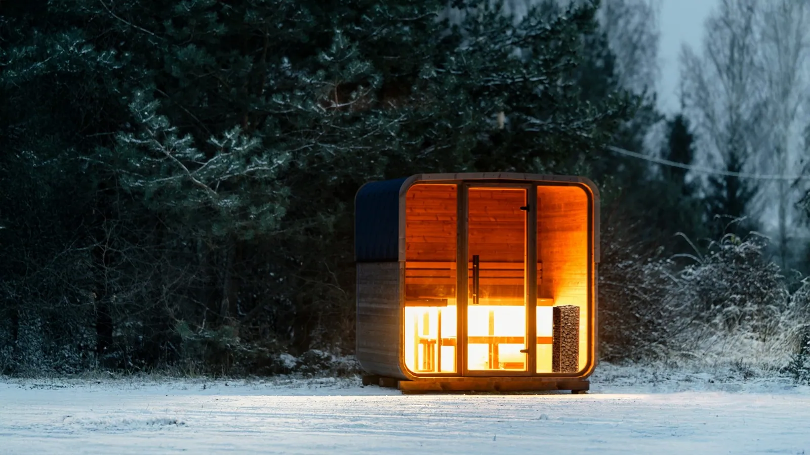 A small timber sauna glowing in a snow-covered forest at dusk