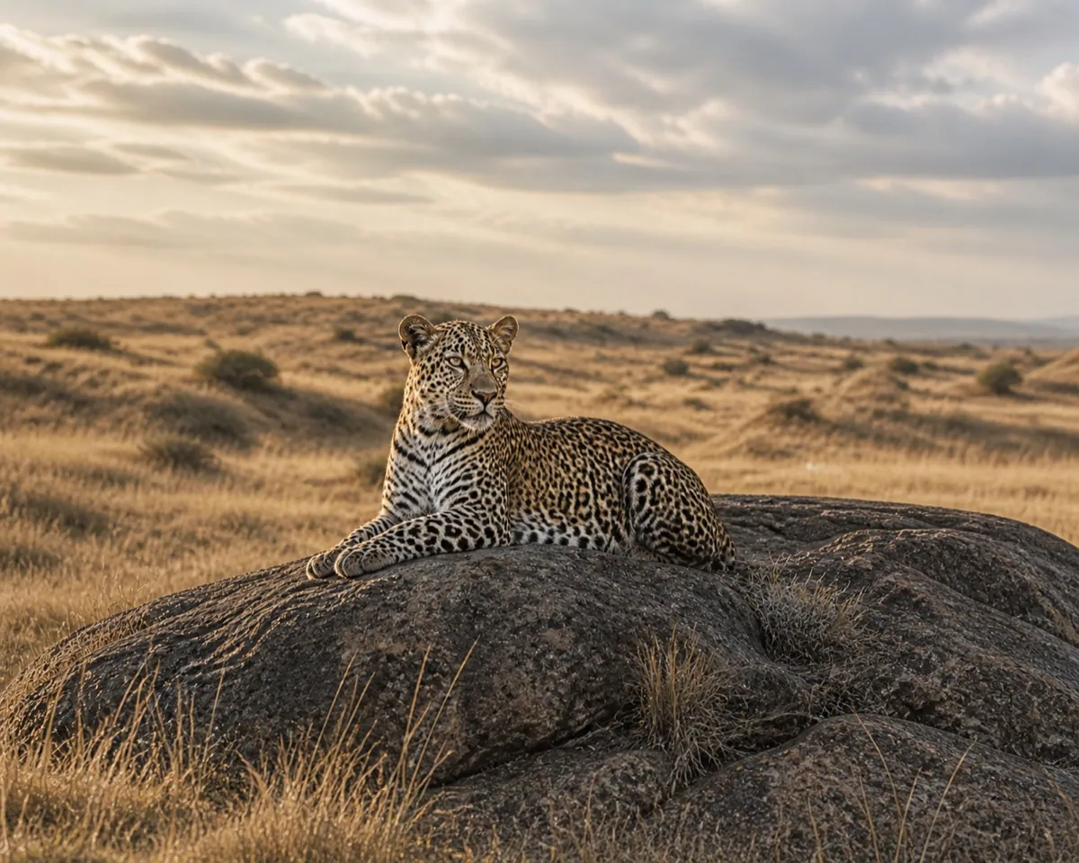 A wild leopard resting on a rocky outcrop in open African savanna
